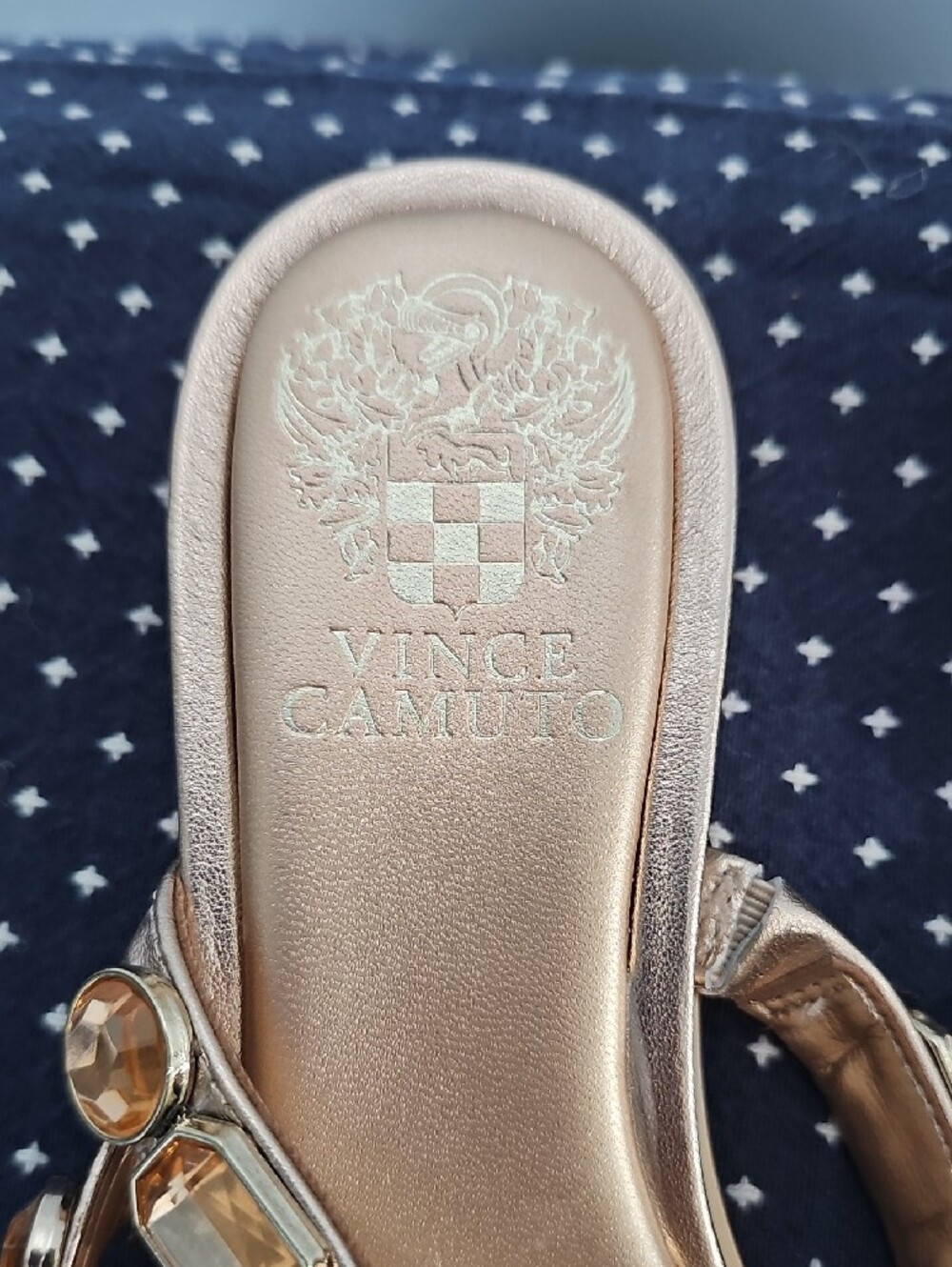 Vince Camuto Metallic Gold Jeweled Double-Strap Slide Sandals - Picture 2 of 14